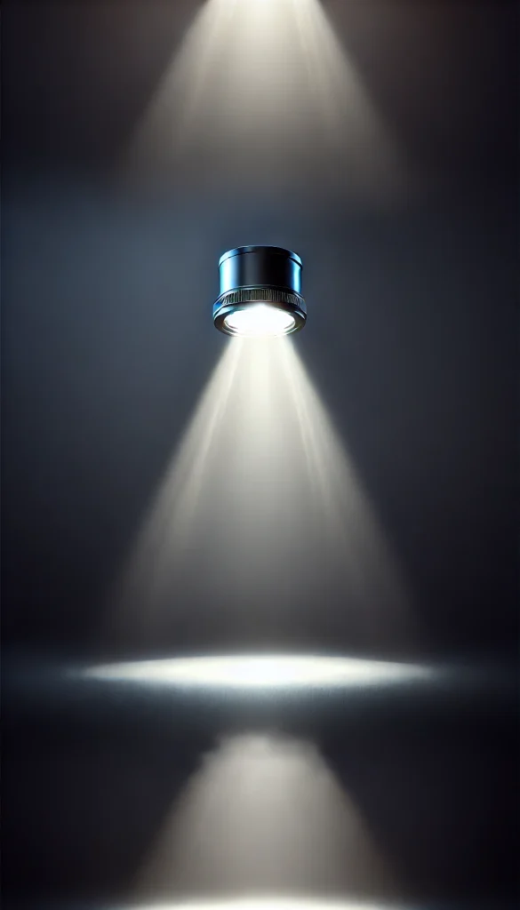 DALL·E 2025-01-10 11.32.28 - A single, elegant spotlight shining down on a dark background, creating a soft and dramatic glow. The spotlight has a modern and sleek design, suitabl